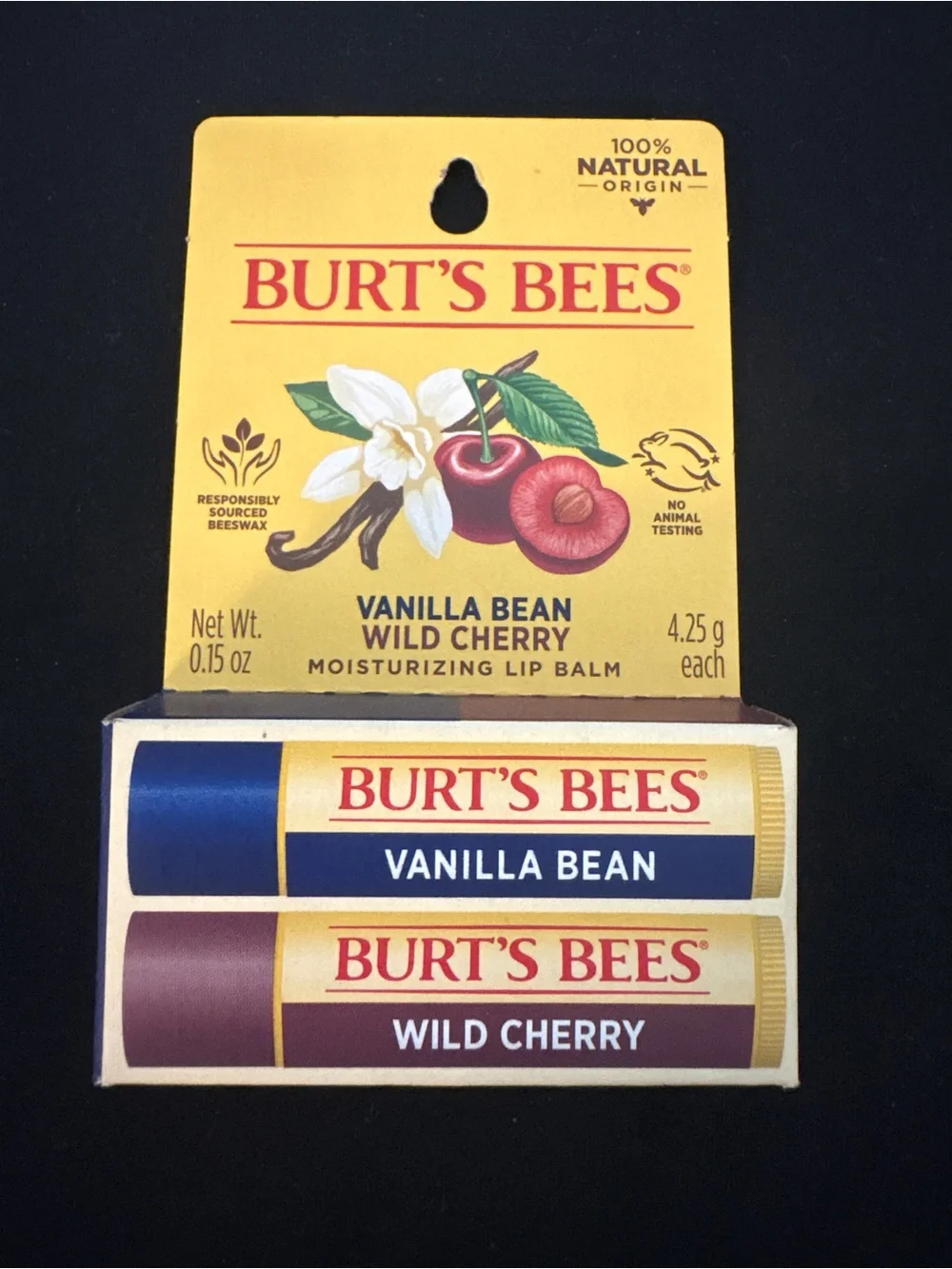 Burt’s Bees Vanilla Bean Wild Cherry Moisturizing Lip Balm 2 Pack NEW